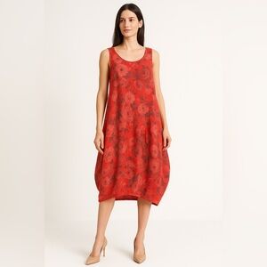 angela mara linen made in italy Sleeveless Red Floral Dress medium
